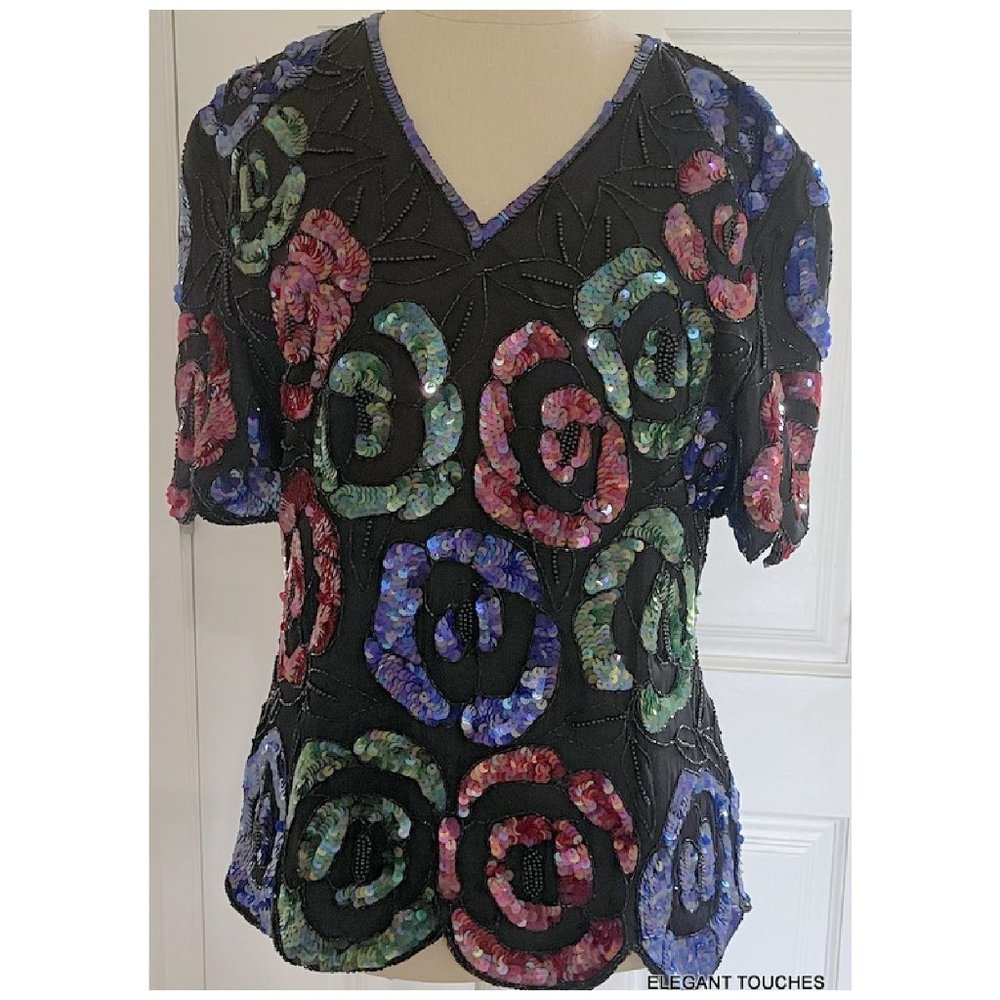 Stenay VGT Womens Formal Blouse M Silk Black Color Sequined Party SS Top '80s